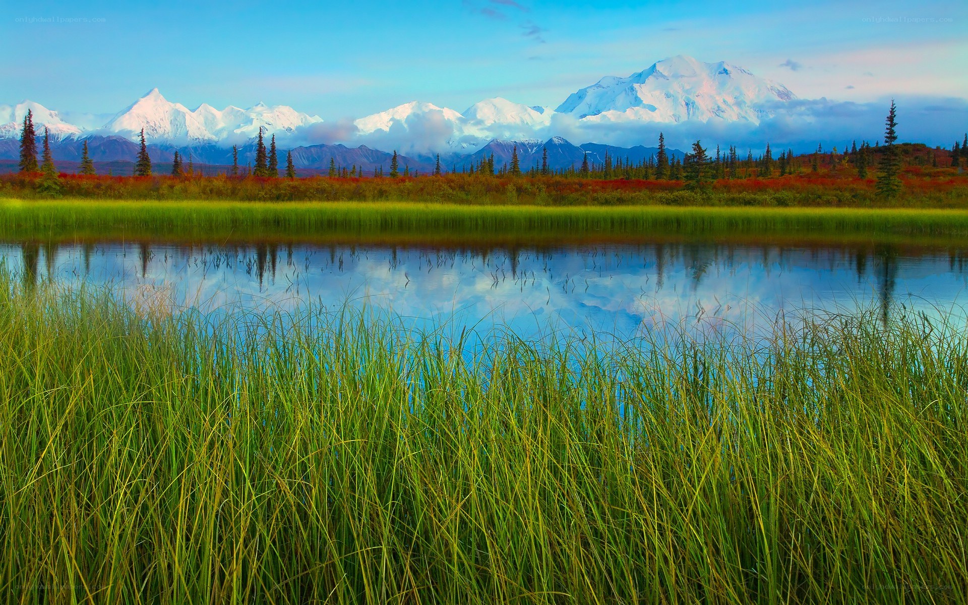 Mountains reflected in a calm lake