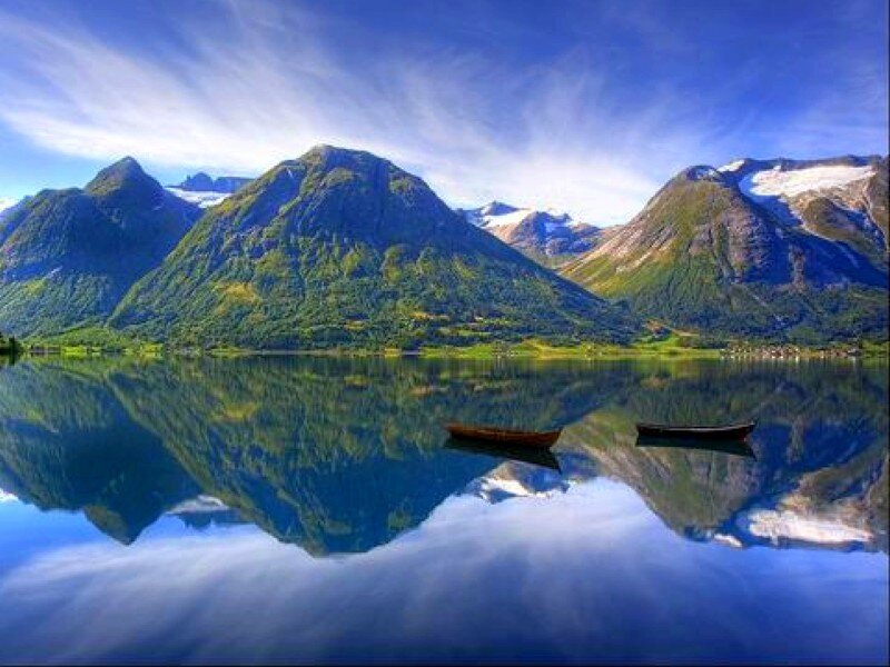 Mountains Reflected in Lake — Blue, Serene, Afternoon, Photograph, Boats