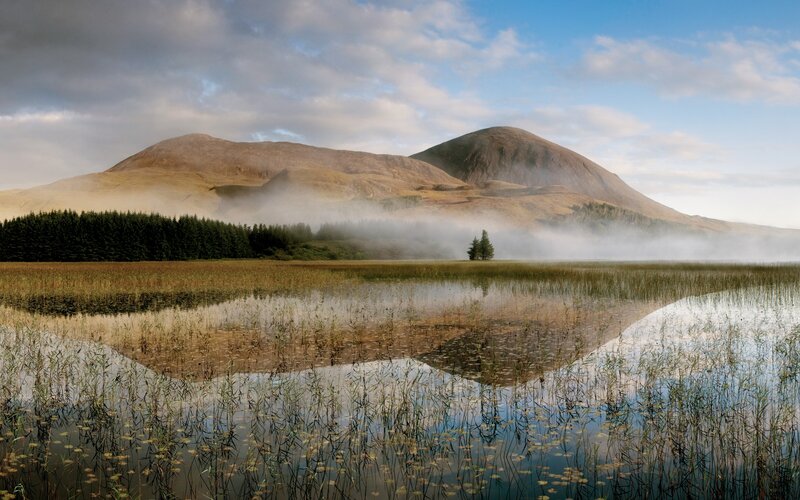 Mountains Reflected in Lake — Blue, Serene, Morning, Photograph, Fog, Trees