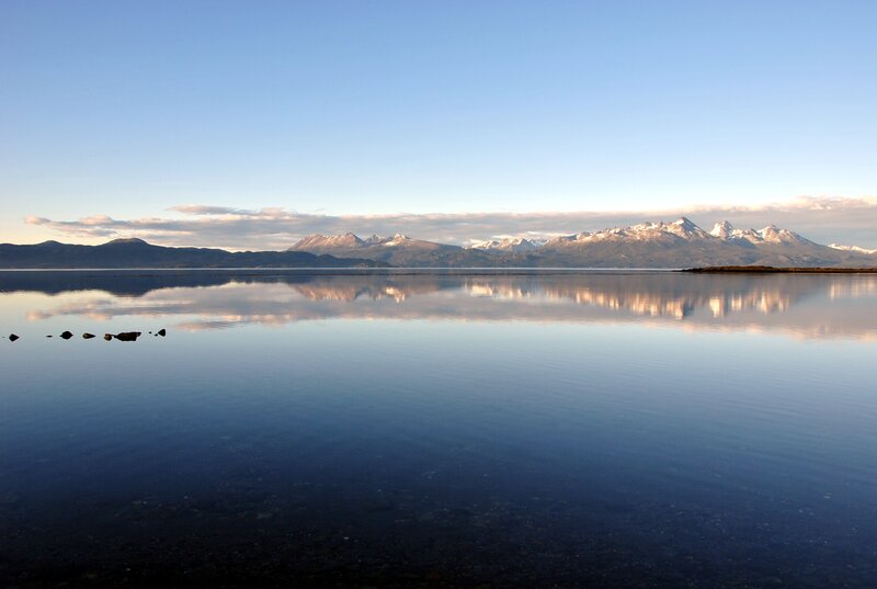 Mountains Reflected in Lake — Blue, Serene, Morning