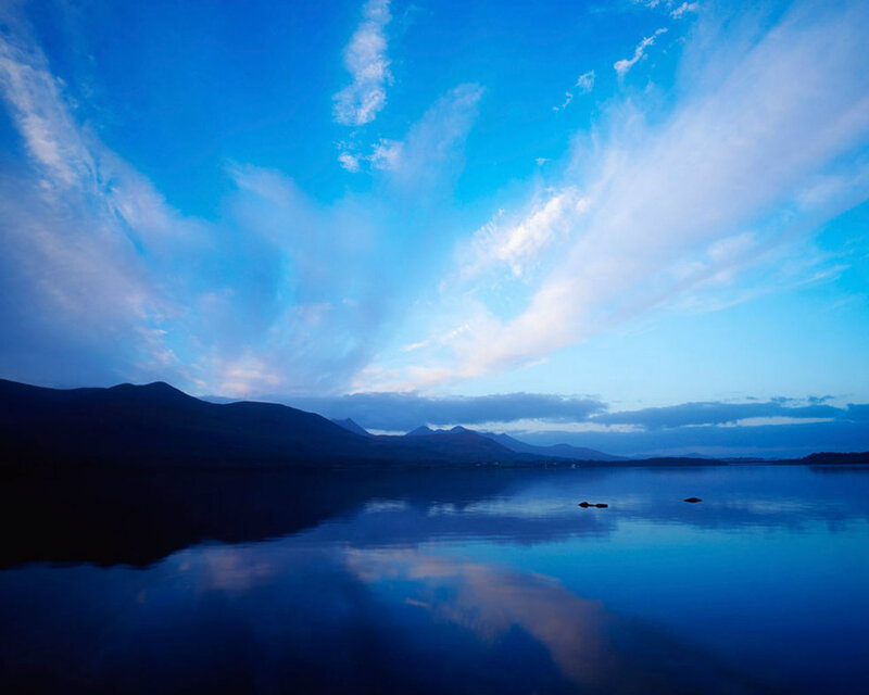Mountains Reflected in Lake — Blue, Serene, Sunset