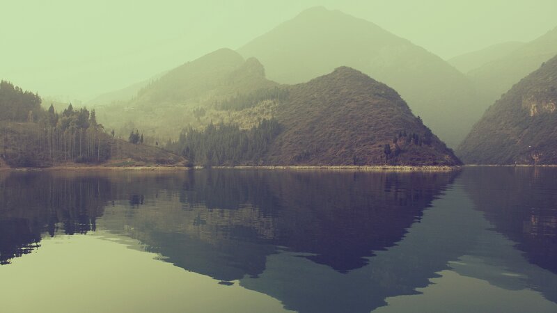 Mountains Reflected in Lake — Green