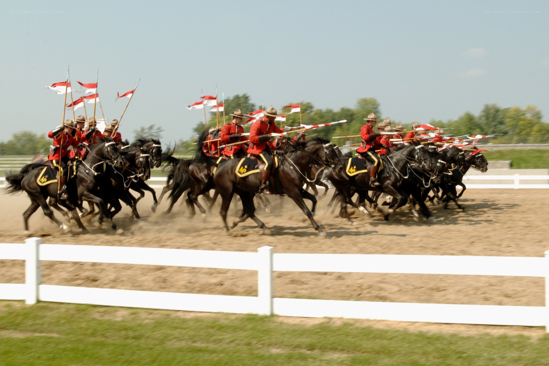 Mounted cavalry in red uniforms