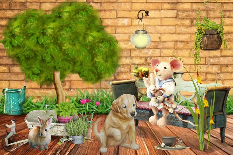 Mouse Holding Rabbit on Bench