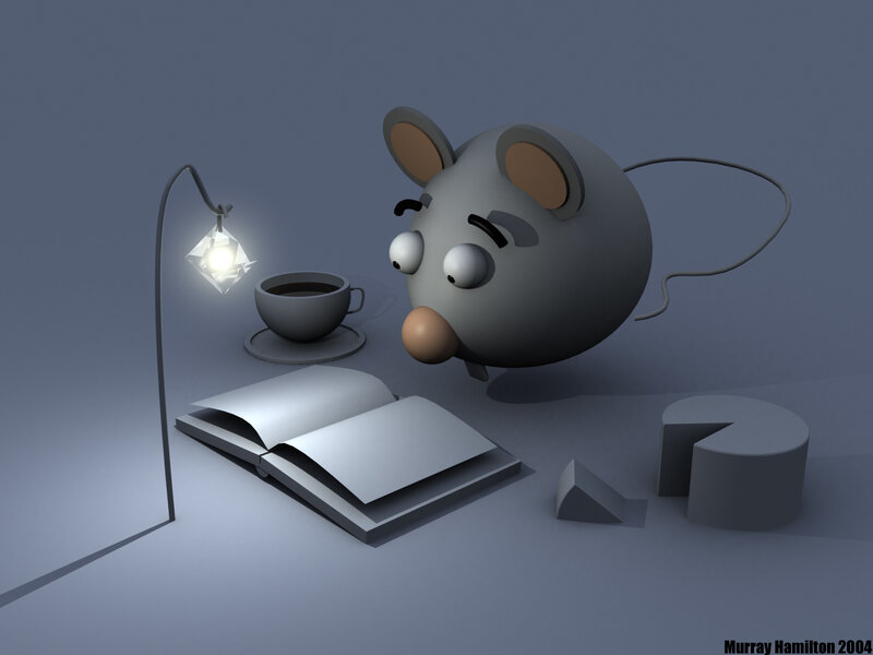 mouse reading under lamp