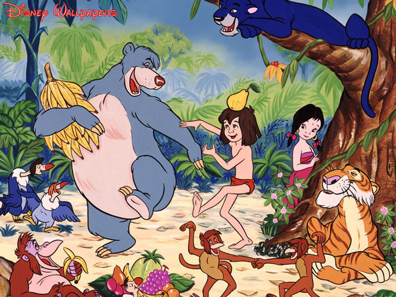 Mowgli with Jungle Animals — Green, Playful, Afternoon, Illustration