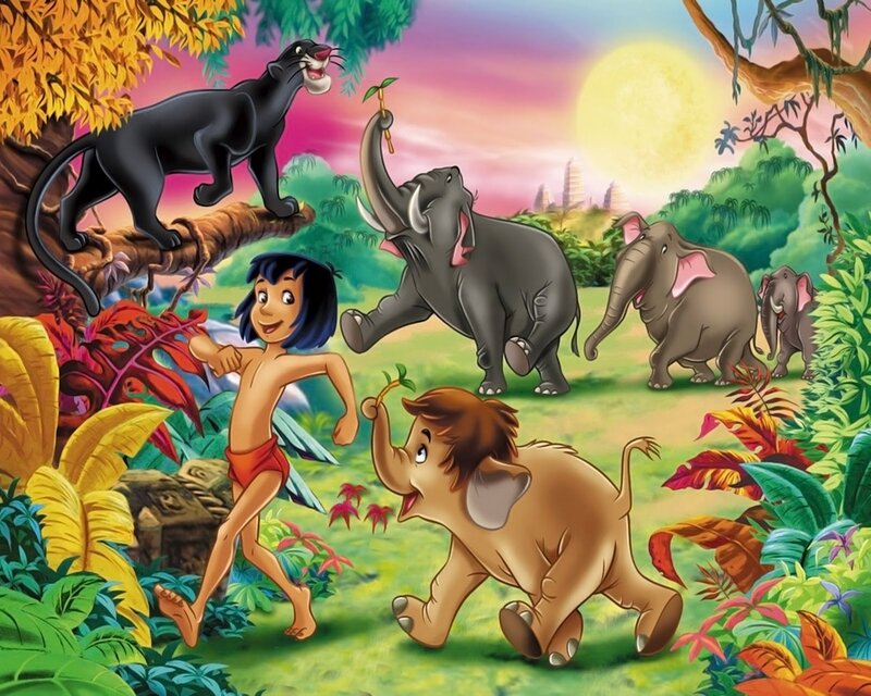 Mowgli with Jungle Animals — Green, Playful