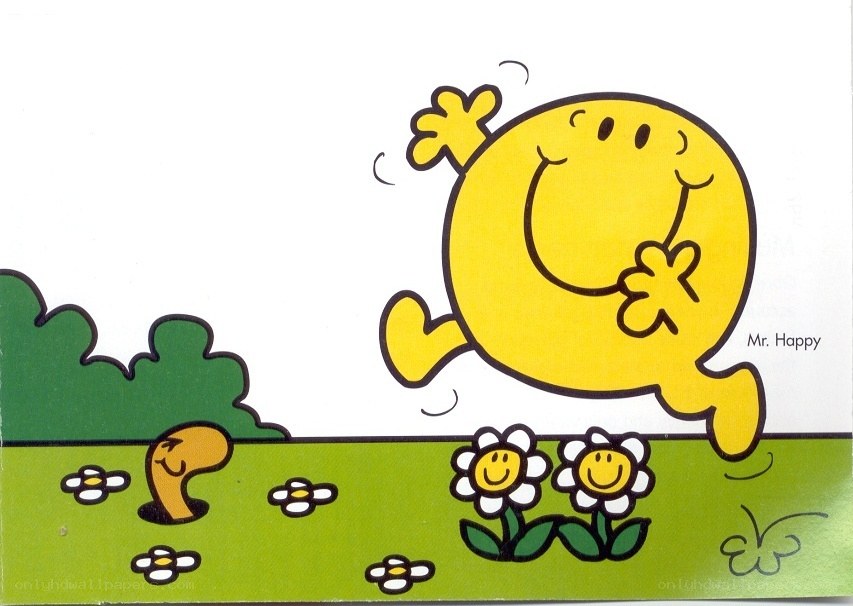 Mr. Happy jumping in a field