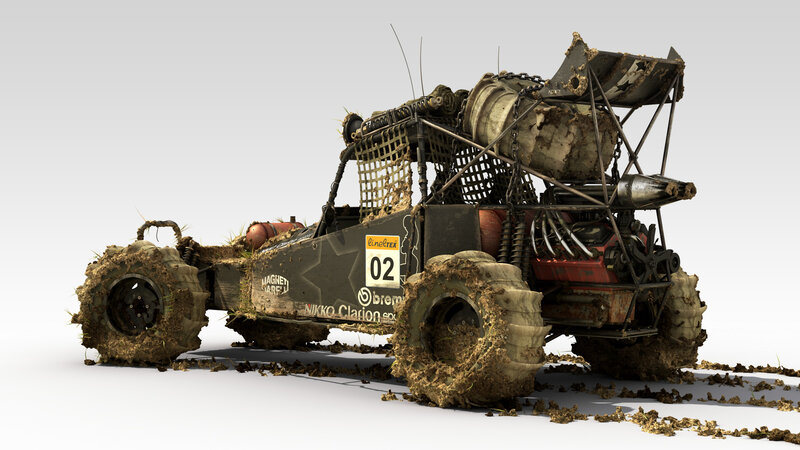 mud-covered off-road race car