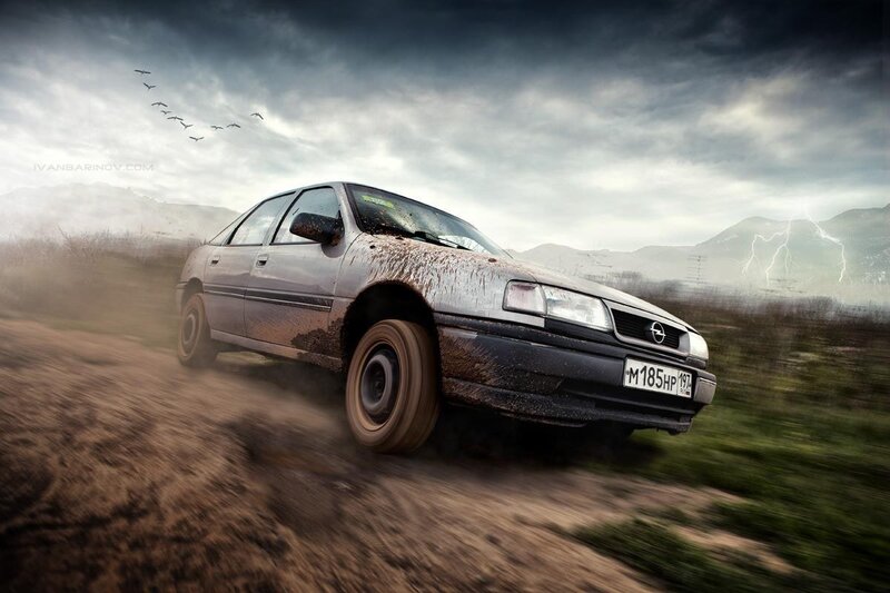 Muddy car on dirt road