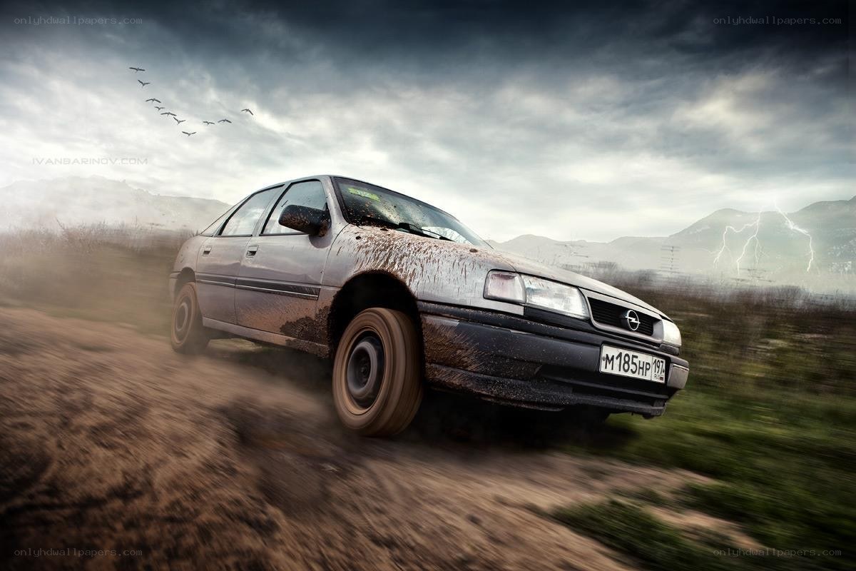 Muddy car on dirt road