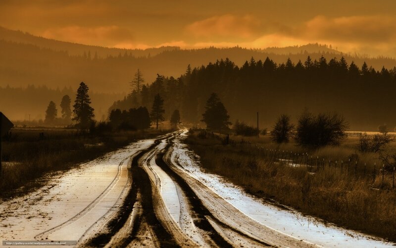 Muddy road at sunset