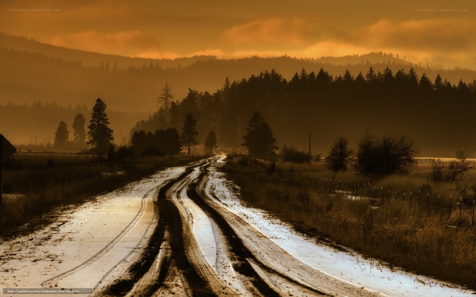 Muddy road at sunset