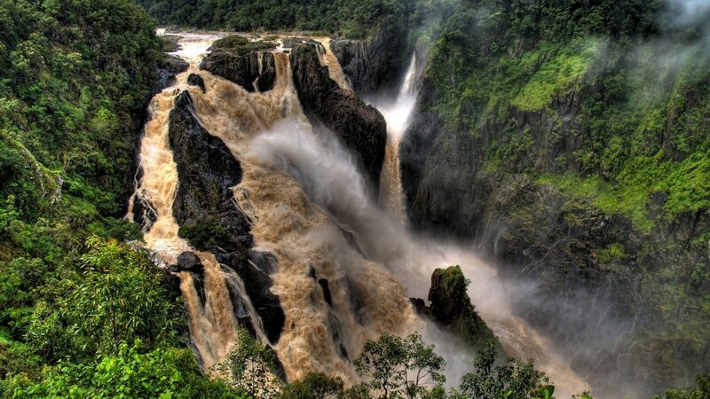 Muddy Waterfall — Green, Dramatic, Photograph, River, Cliffs
