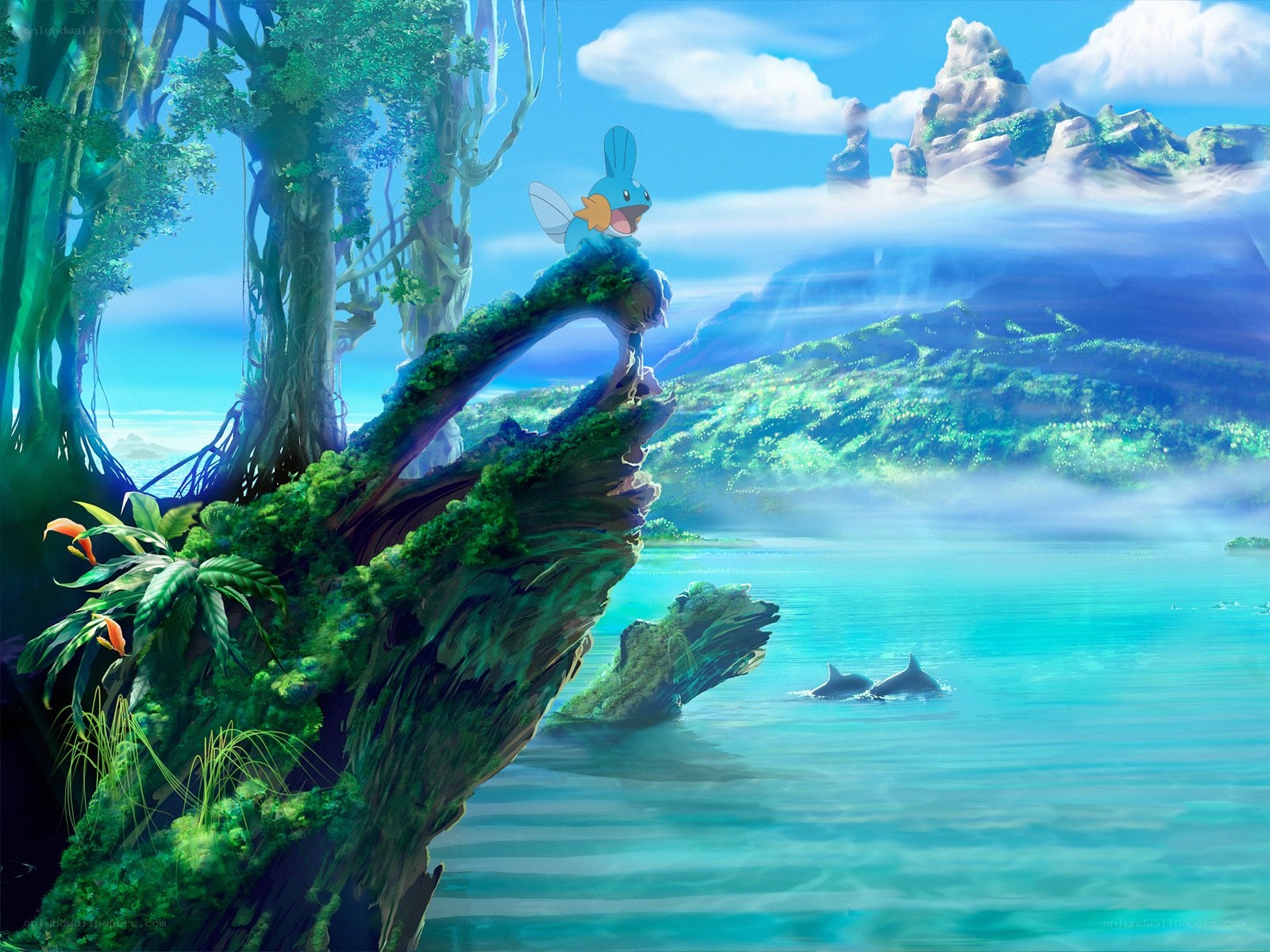 Mudkip on a mossy cliff