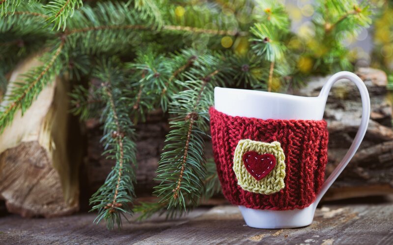 Mug with Knitted Cozy — Red, Winter, Photograph