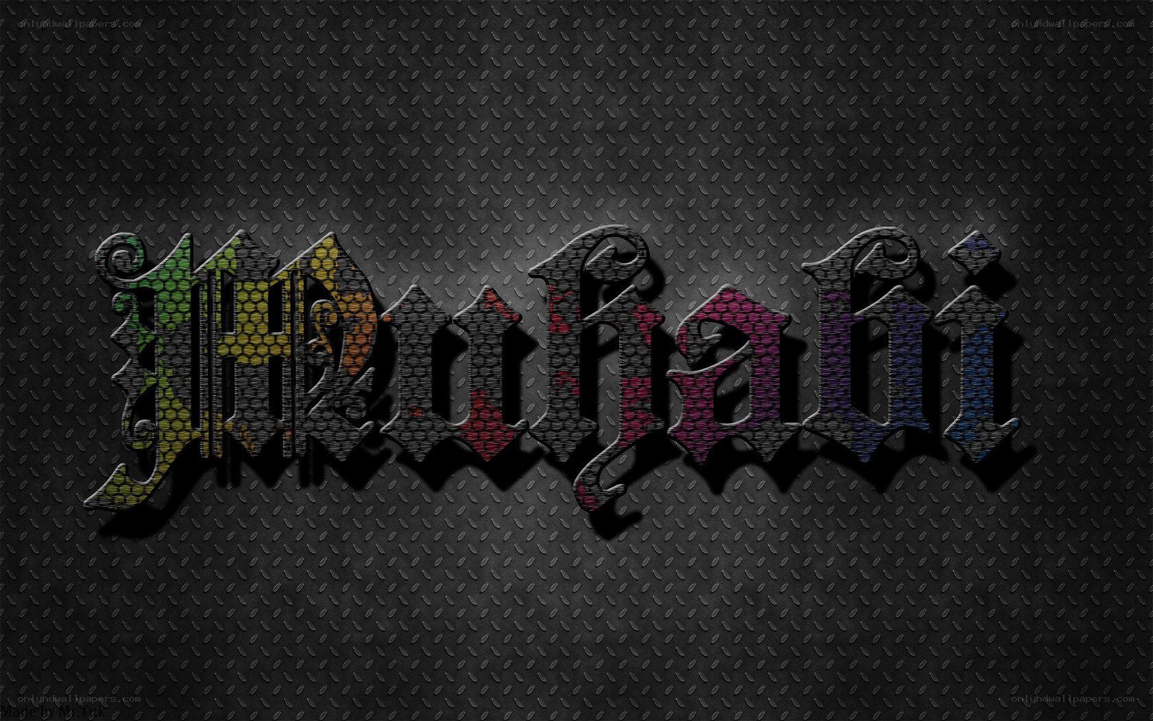 Mukabi text on metal background