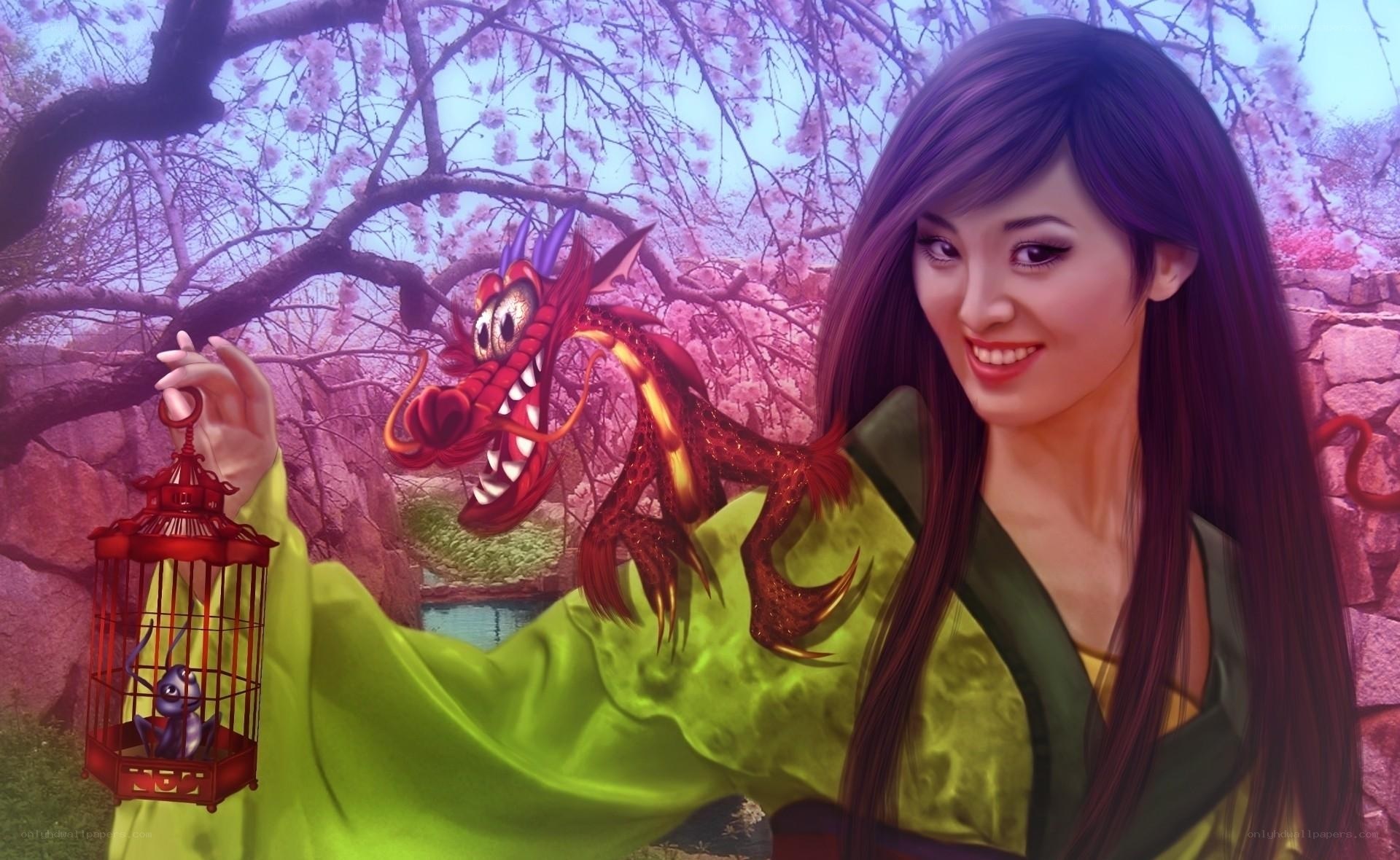 Mulan with Mushu and a lantern