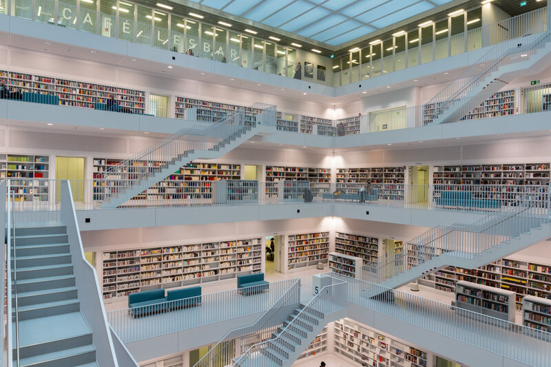 Multi-level Library Interior — White, Calm, Photograph