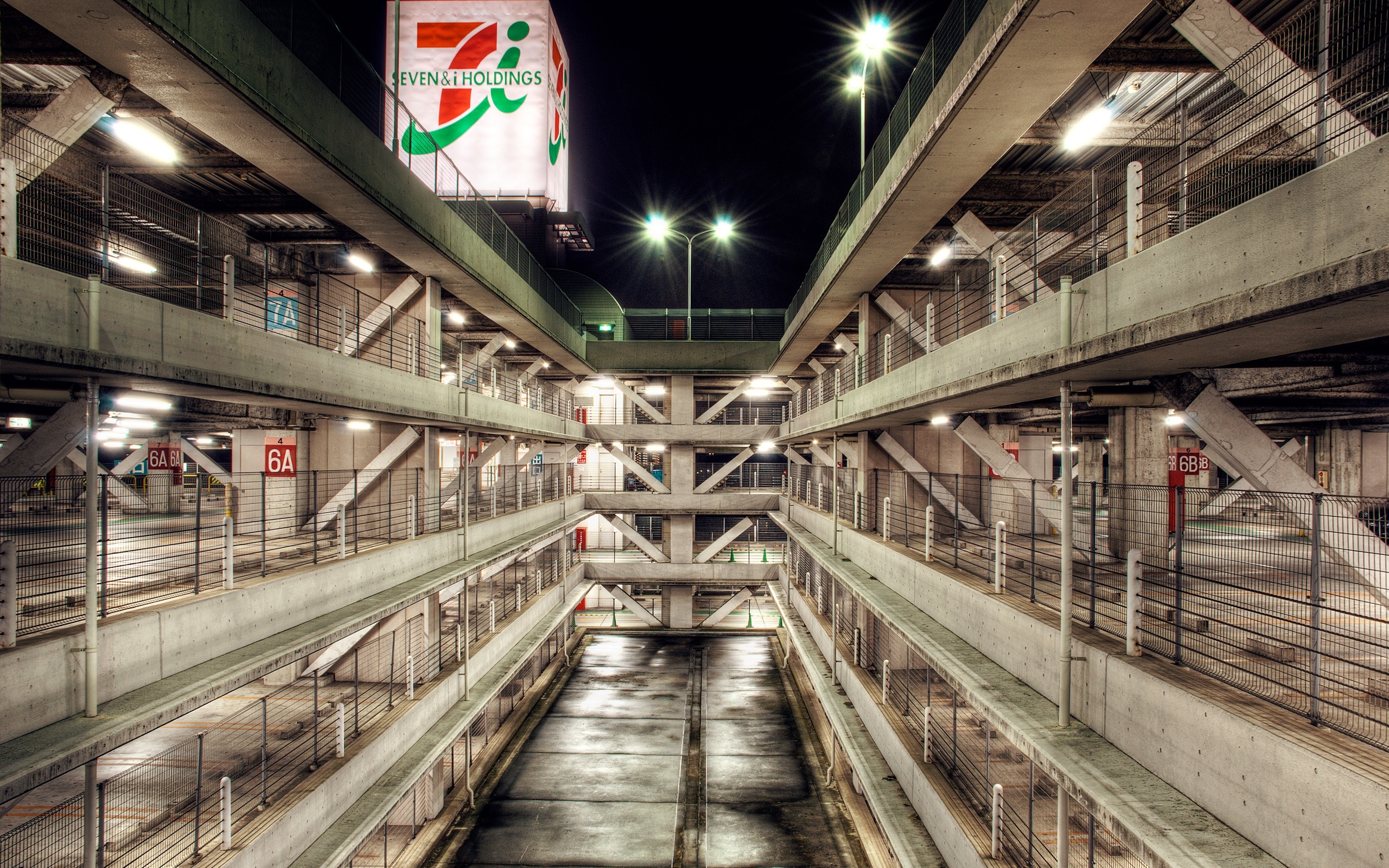 Multi-level parking garage at night