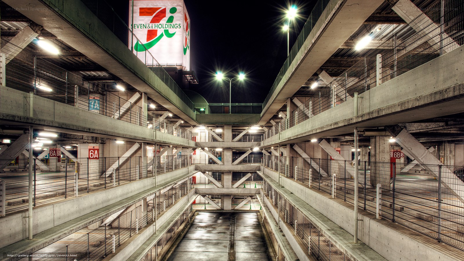 Multi-level parking garage at night