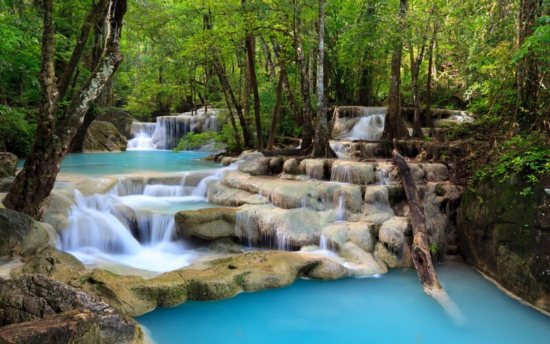 Multi-tiered Waterfall — Blue, Serene, Afternoon, Photograph, Forest, Rocks