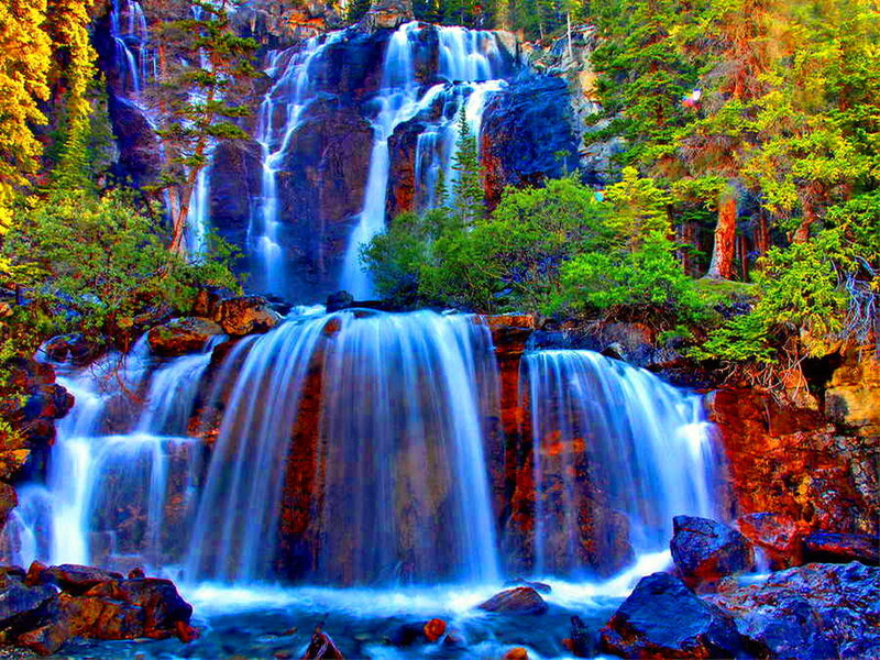 Multi-tiered Waterfall — Blue, Serene, Afternoon, Photograph, Forest