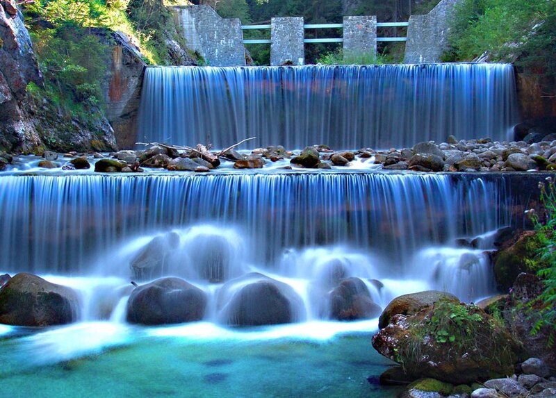 Multi-tiered Waterfall — Blue, Serene, Afternoon, Photograph