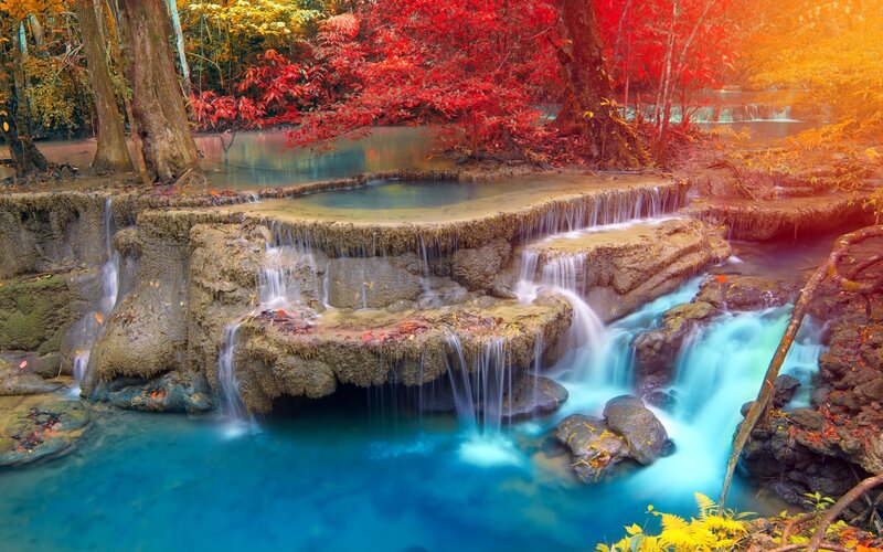 Multi-tiered Waterfall — Blue, Serene, Autumn, Photograph