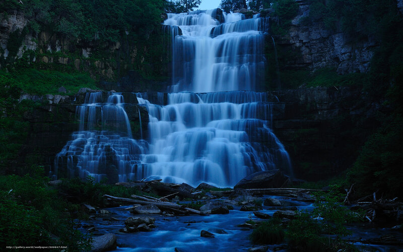 Multi-tiered Waterfall — Blue, Serene, Night