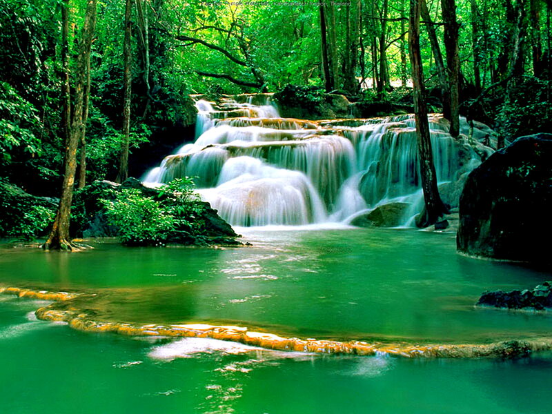 Multi-tiered Waterfall — Green, Serene, Afternoon, Photograph, Forest, River