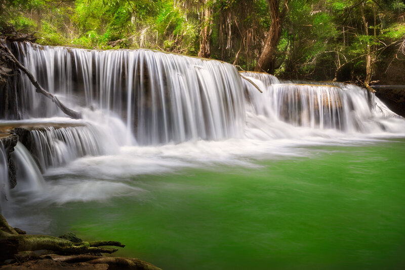 Multi-tiered Waterfall — Green, Serene, Afternoon, Photograph, Forest, River, Trees