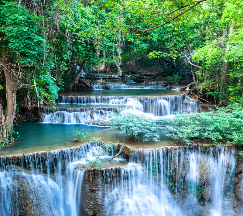 Multi-tiered Waterfall — Green, Serene, Afternoon, Photograph, Forest, Trees, River