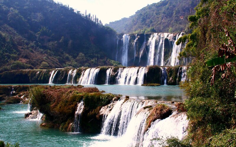 Multi-tiered Waterfall — Green, Serene, Afternoon, Photograph, Mountain