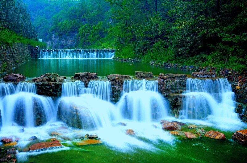Multi-tiered Waterfall — Green, Serene, Afternoon, Photograph, River, Trees