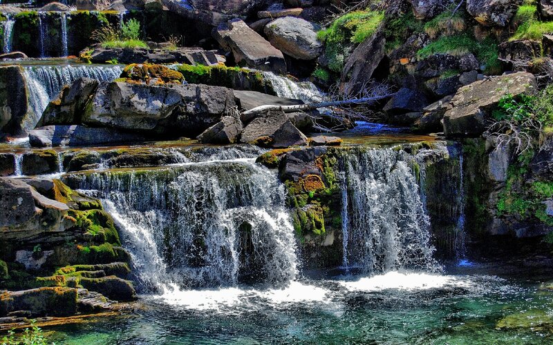 Multi-tiered Waterfall — Green, Serene, Afternoon, Photograph, Rocks, Moss