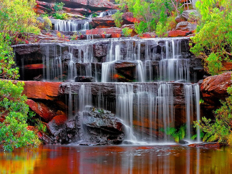 Multi-tiered Waterfall — Green, Serene, Afternoon, Photograph, Rocks, Trees