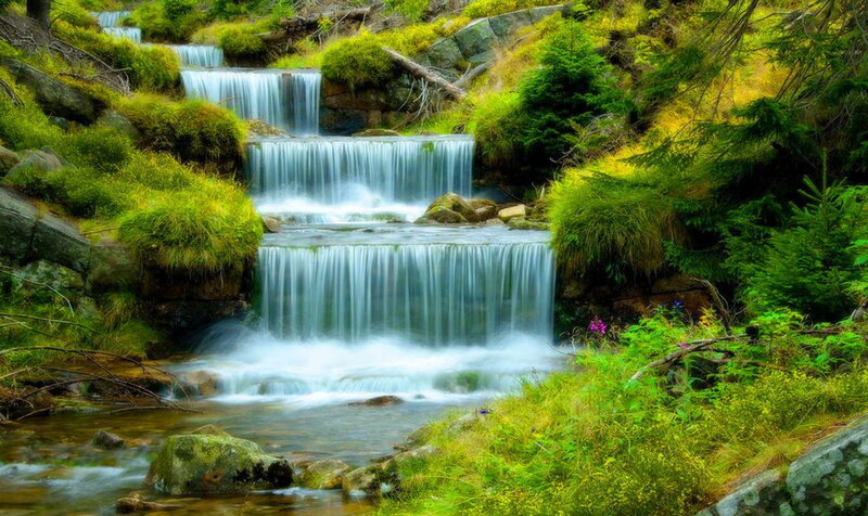 Multi-tiered Waterfall — Green, Serene, Afternoon, Photograph, Stream