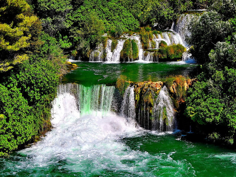 Multi-tiered Waterfall — Green, Serene, Afternoon, Photograph, Trees, River