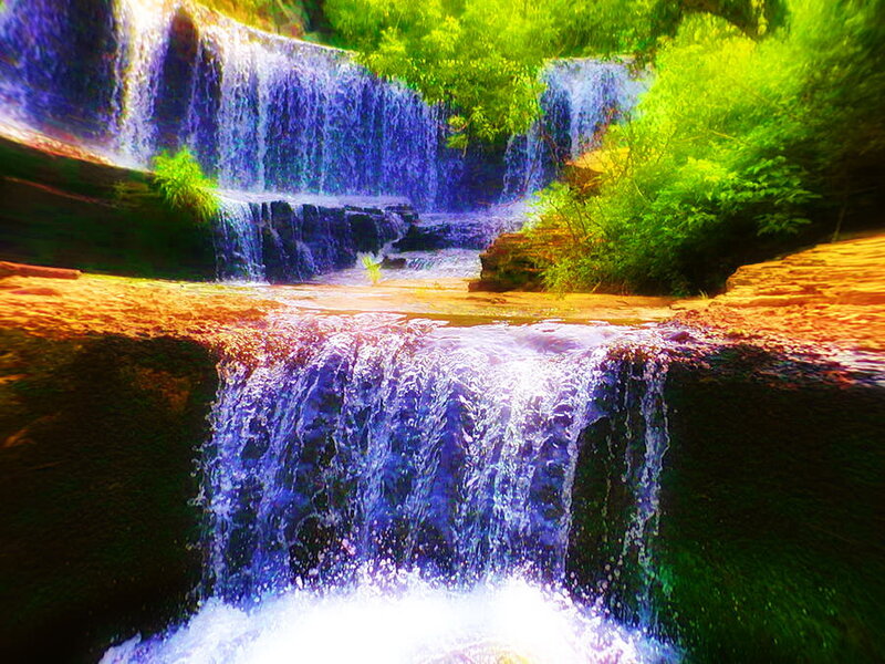 Multi-tiered Waterfall — Green, Serene, Afternoon, Photograph, Trees, Rocks