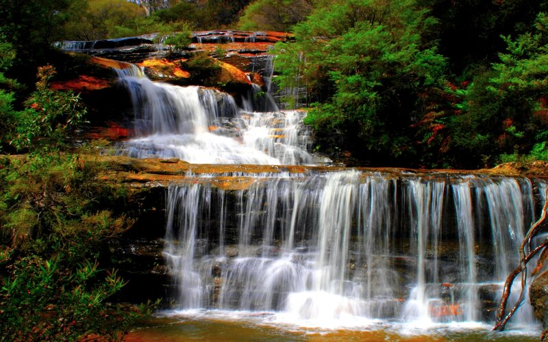 Multi-tiered Waterfall — Green, Serene, Afternoon, Photograph, Trees