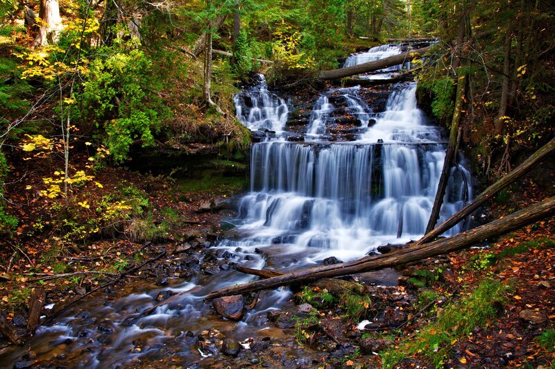 Multi-tiered Waterfall — Green, Serene, Autumn, Photograph, Forest, Fallen Log