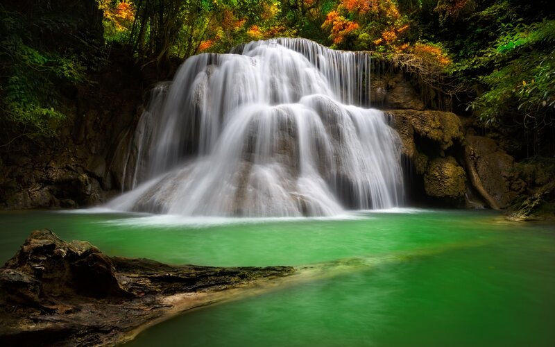 Multi-tiered Waterfall — Green, Serene, Autumn, Photograph, Forest, Pool