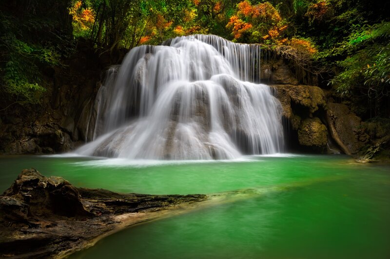 Multi-tiered Waterfall — Green, Serene, Autumn, Photograph, Forest, Pool, Trees