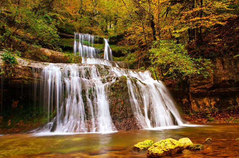 Multi-tiered Waterfall — Green, Serene, Autumn, Photograph, Forest
