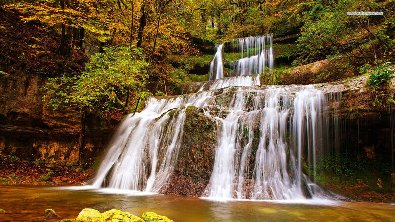 Multi-tiered Waterfall — Green, Serene, Autumn, Photograph, Forest, Trees