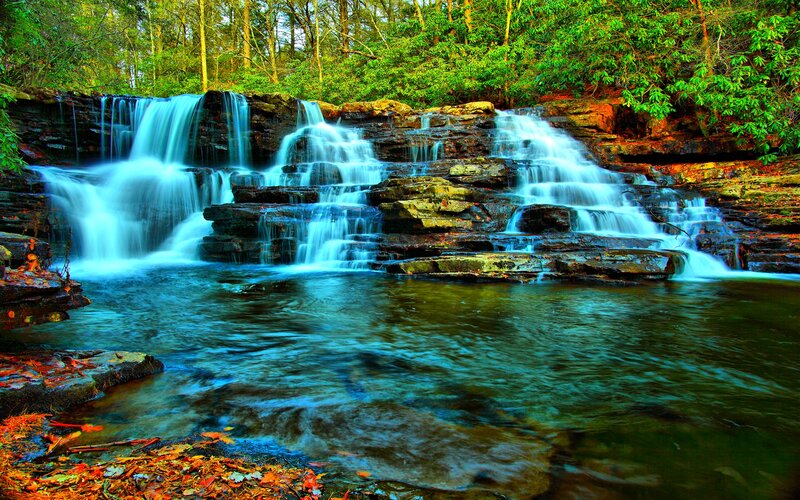 Multi-tiered Waterfall — Green, Serene, Autumn, Photograph