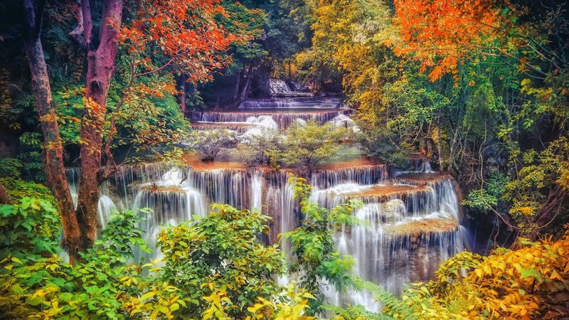Multi-tiered Waterfall — Green, Serene, Autumn, Photograph, Trees, Forest, River