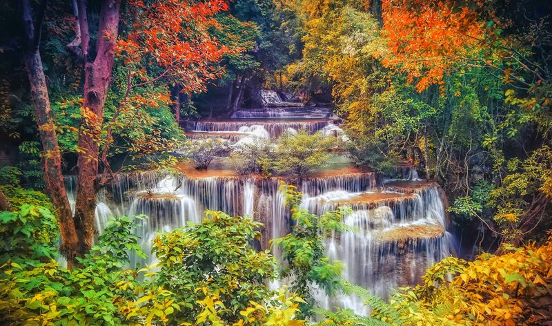 Multi-tiered Waterfall — Green, Serene, Autumn, Photograph, Trees, Forest