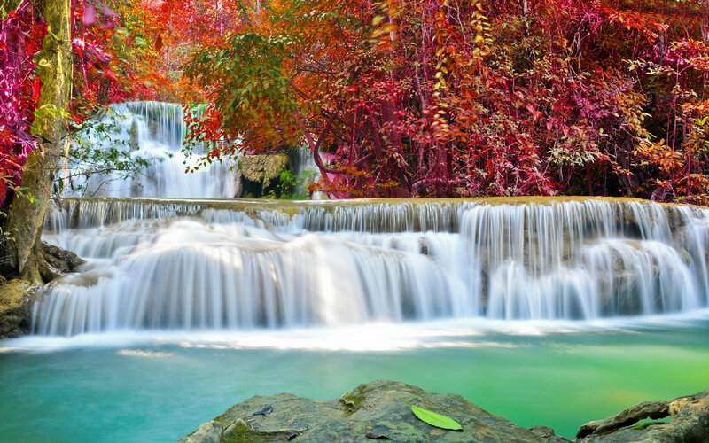 Multi-tiered Waterfall — Green, Serene, Autumn, Photograph, Trees, Pool
